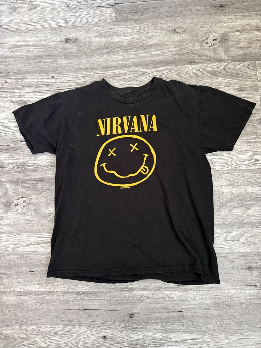 NIRVANA Black Tee with Yellow Smiley Graphic